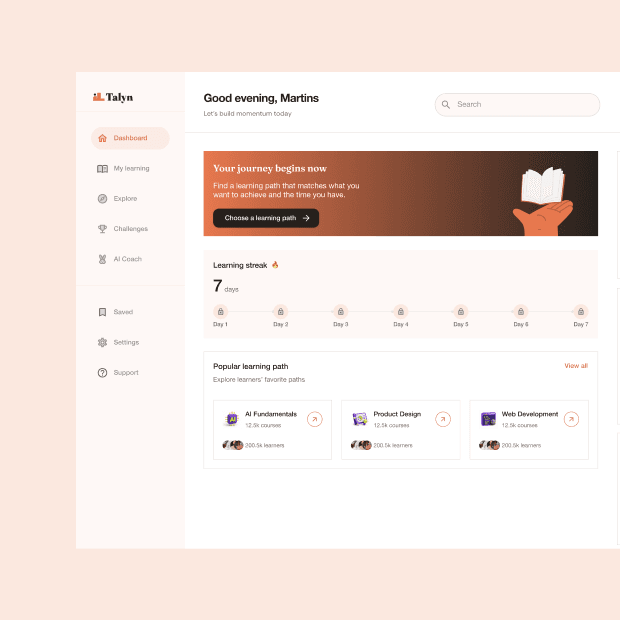 Talyn dashboard with a daily learning goal and progress points